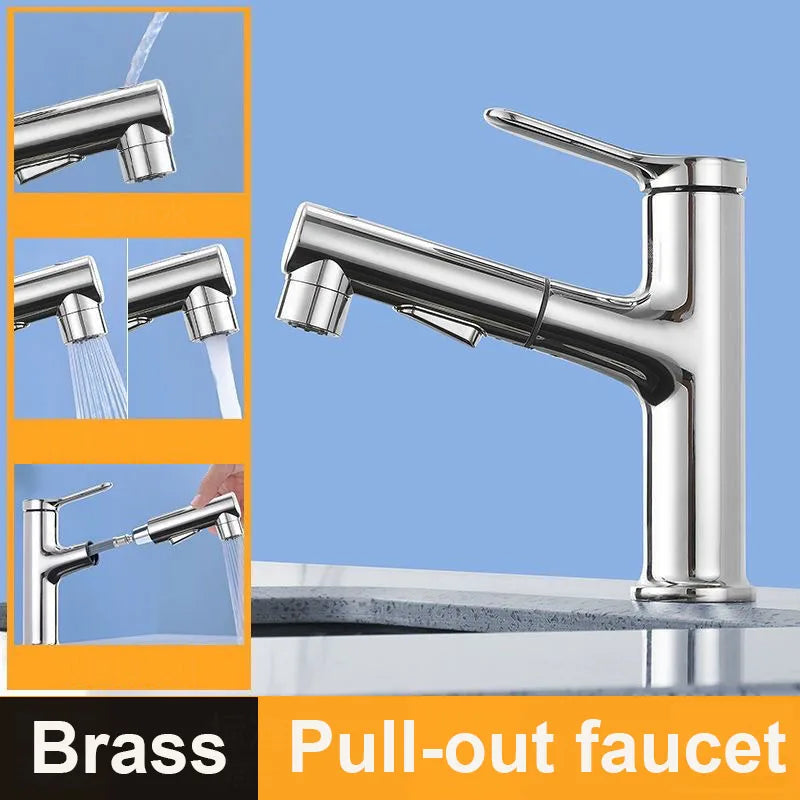 Modern Pull-Out Bathroom Basin Faucet – Solid Brass Hot & Cold Mixer Tap