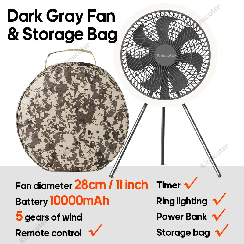 Rechargeable Camping Fan with LED Lighting & Remote – 16-Hour Battery