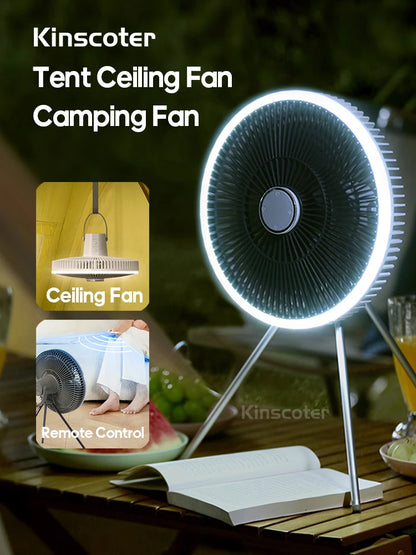 Rechargeable Camping Fan with LED Lighting & Remote – 16-Hour Battery