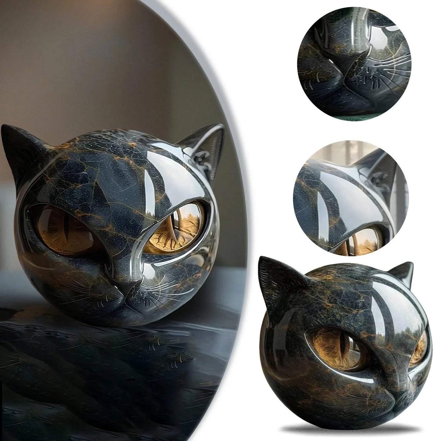 Black Cat Resin Figurine – Modern Marble-Style Decorative Cat Statue