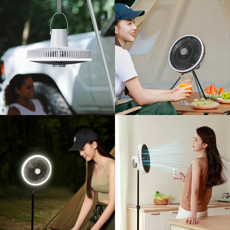 Rechargeable Camping Fan with LED Lighting & Remote – 16-Hour Battery
