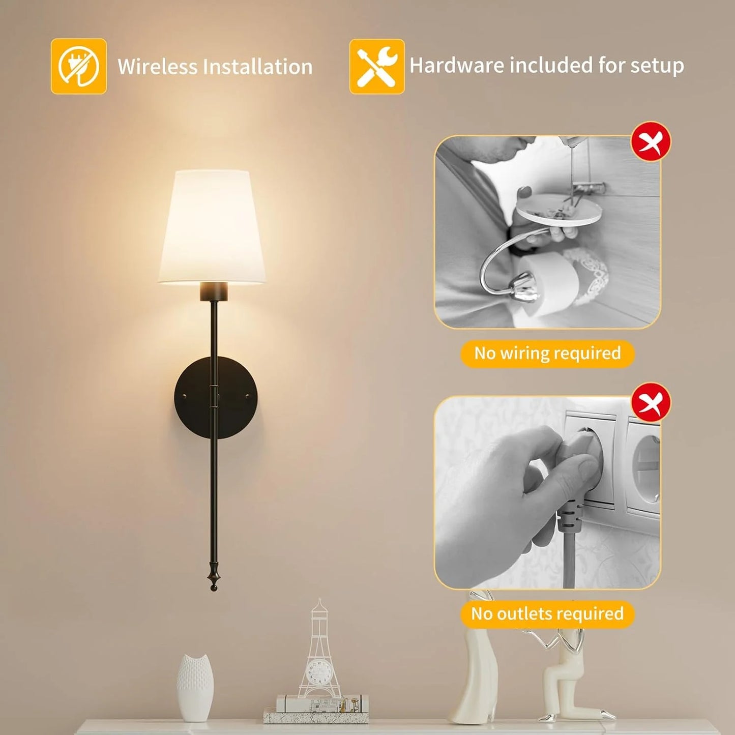 Wireless Battery-Operated Wall Sconce – Gold & Black Modern Wall Lamp with Remote & 15 RGB Colors