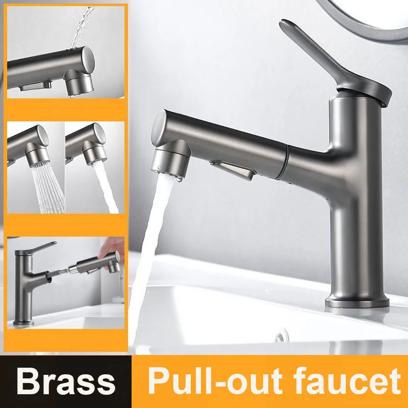 Modern Pull-Out Bathroom Basin Faucet – Solid Brass Hot & Cold Mixer Tap