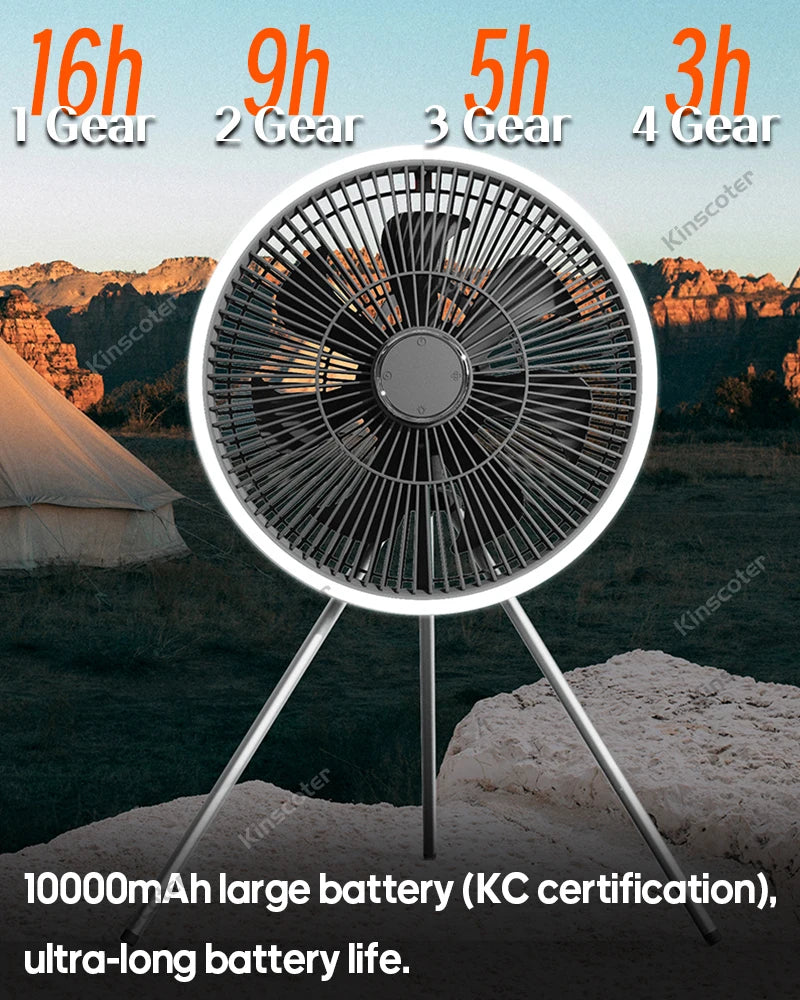 Rechargeable Camping Fan with LED Lighting & Remote – 16-Hour Battery