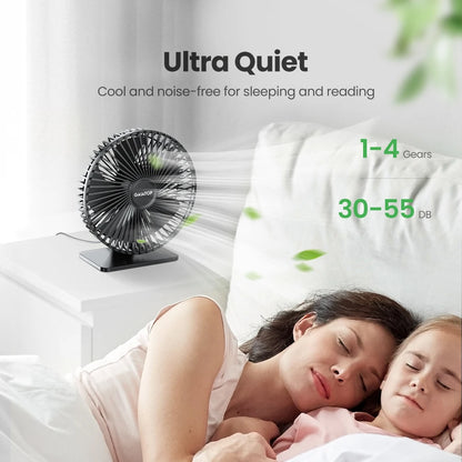 90° Adjustable Quiet Table Fan – Powerful 4-Speed USB Air Circulator