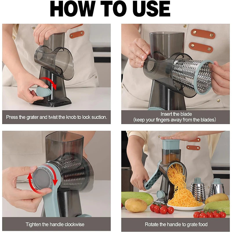 3-in-1 Rotary Cheese Grater & Vegetable Slicer – Manual Kitchen Tool