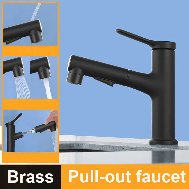 Modern Pull-Out Bathroom Basin Faucet – Solid Brass Hot & Cold Mixer Tap