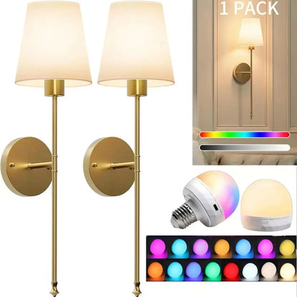 Wireless Battery-Operated Wall Sconce – Gold & Black Modern Wall Lamp with Remote & 15 RGB Colors